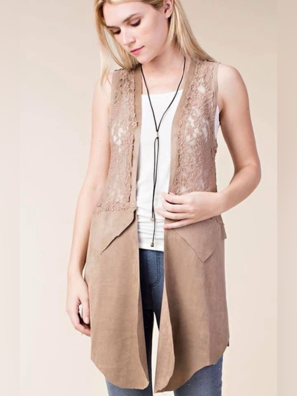 Vocal USA Tan Faux Suede Lace Longline Vest